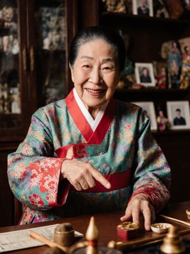80대 유럽계 여성이 전통 한국 의상인 한복을 착용한 반신 사진으로, 아늑한 거실에서 전통 소품과 가족 사진으로 장식되어 있습니다. 그녀는 따뜻한 미소를 지으며 친근한 감정을 표현하며, 테이블에 놓인 전통 놀이 도구를 가리키며 이야기하고 있습니다. 자연스러운 조명이 그녀의 특징과 의상의 섬세한 디테일을 강조하며, 문화 유산을 축하하는 조화로운 분위기를 만들어냅니다.