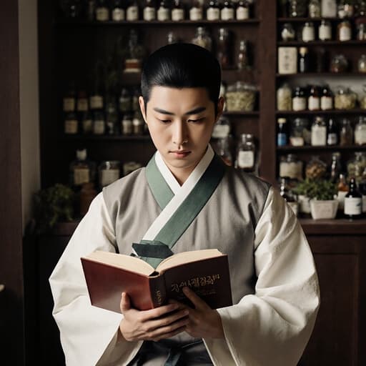 전통 한복을 입은 10대 초반 한국 남성이 한의학 서적을 읽으며 깊이 생각에 잠긴 모습으로 반신 샷으로 촬영되었습니다. 배경은 다양한 한약 재료로 가득한 한약 조제실입니다. 그의 고민하는 표정은 전통 의학의 본질을 잘 나타냅니다.
