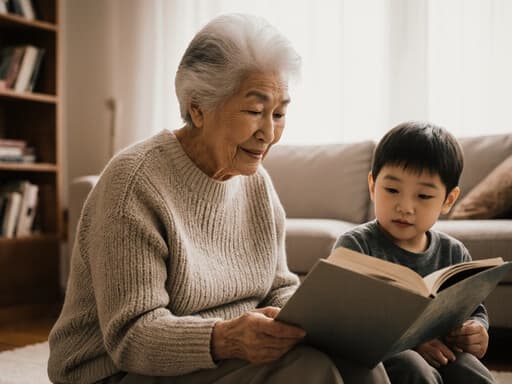 70대 아시아계 여성이 편안한 니트 스웨터와 따뜻한 바지를 입고 아늑한 거실 바닥에 앉아, 손자와 함께 책을 읽고 있는 반신 사진입니다. 자연스러운 외모와 차분한 표정으로 편안함을 느끼고 있으며, 따뜻한 조명이 비추는 소파와 책장이 있는 배경이 함께하여 이야기를 나누는 즐거운 순간의 분위기를 강조합니다.
