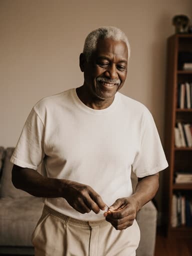 70대의 아프리카계 남성이 편안한 티셔츠와 바지를 입고 편한 슬리퍼를 신은 모습의 전신 사진입니다. 그는 자연스러운 외모를 가지고 있으며, 평온한 표정으로 미소를 띠고 있습니다. 바느질 도구를 손에 들고 바느질하며 걷고 있는 순간을 포착하였으며, 창의성과 여유를 동시에 표현하고 있습니다. 배경은 아늑한 거실로, 소파와 책장이 있는 따뜻한 분위기가 느껴집니다.