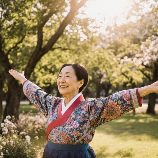 화려한 전통 한복을 입고 자연스럽게 스트레칭하는 70대 혼혈 여성의 모습이 따뜻한 햇살 아래 푸른 나무와 꽃들로 둘러싸인 공원에서 지혜롭고 기쁜 표정을 짓고 있습니다.