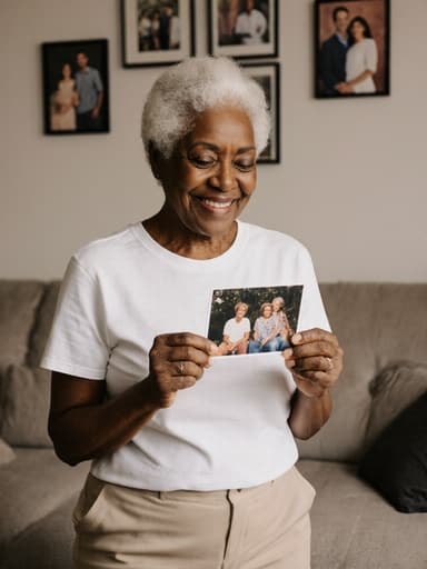 70대 아프리카계 여성의 반신 상반신 사진으로, 편안한 의상을 입고 가족 사진을 들고 부드럽게 스트레칭하며 미소 짓고 있습니다. 배경의 아늑한 거실은 가족 사진으로 장식되어 있어 가족 사랑과 유대의 주제를 강조합니다.
