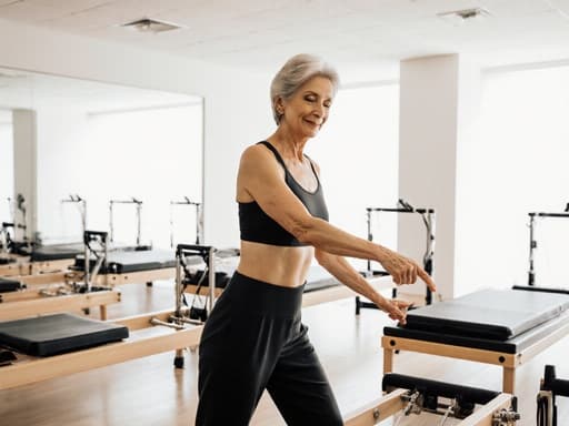 50대 백인 여성이 편안한 필라테스 복장으로 필라테스 매트를 가리키며 요가 자세를 우아하게 취하고 있는 모습이 넓고 밝은 필라테스 센터에서 다양한 장비와 함께 담겨 있습니다.