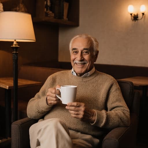 이 이미지는 아늑한 카페에서 따뜻하고 초대하는 순간을 포착하고 있으며, 70대 중동계 남성이 편안하게 앉아 커피를 즐기고 있고, 캐주얼한 니트 스웨터와 면바지를 입고 있으며, 평온함과 동료애를 발산하고 있습니다.