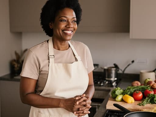 40대 아프리카계 여성이 편안한 에이프런과 티셔츠를 입고 아늑한 주방에서 음식을 준비하며 미소 짓고 있는 모습, 조리대에 신선한 재료들이 놓여 있는 장면의 반신 사진.