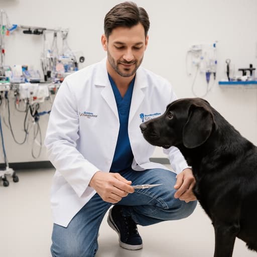 30대 혼혈 남성이 의사 가운을 입고 간편한 청바지와 운동화를 착용한 모습의 반신 사진으로, 차분하고 신뢰감 있는 표정을 지으며 수술 도구를 들고 작은 동물과 친근하게 상호작용하는 모습이 깨끗하고 현대적인 수의사 진료실에서 촬영되었습니다.