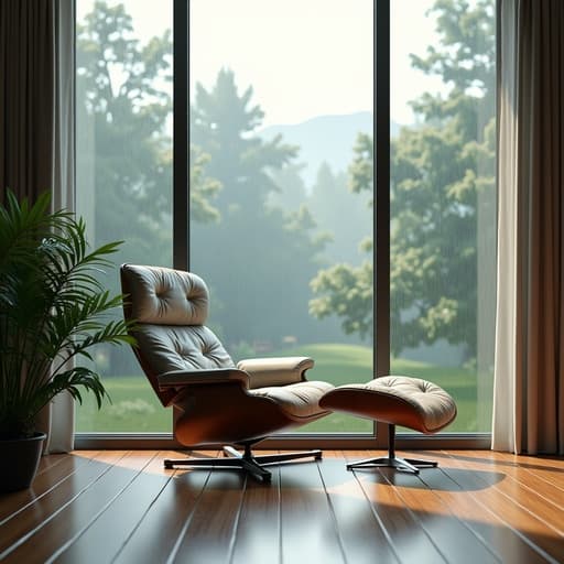 창가 앞에 놓인 라운지 체어, 유리 위로 떨어지는 비 방울, 부드러운 자연광이 스며드는 아늑한 분위기.