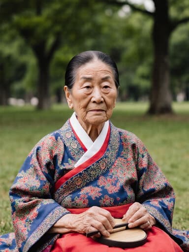 80대 한국인 여성의 반신 사진으로, 깊은 주름과 자연스러운 아름다움을 보여줍니다. 그녀는 전통적인 문양이 화려하게 장식된 전통 한복을 입고 있습니다. 여성은 한적한 공원 바닥에 앉아 있으며, 전통 악기를 가볍게 쥐고 있습니다. 외로운 표정을 지으며 눈가에 슬픔이 느껴지는 모습입니다. 배경은 푸른 나무와 잔디가 어우러진 평화로운 풍경으로, 전체적인 분위기를 고요하면서도 애절하게 만듭니다.