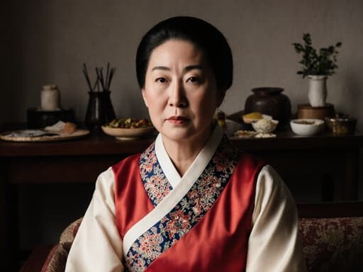 50대 한국인 여성이 전통 한복을 입고 소파에 편안하게 앉아 있는 반신 샷. 진지한 표정을 지으며, 배경에는 한약재와 뜸이 준비된 테이블이 있는 전통 한의원이 있다. 문화적인 분위기를 자아내는 이미지이다.