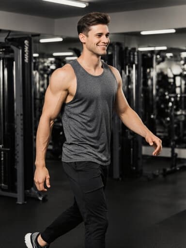 20대 유럽계 남성이 현대적인 피트니스 센터에서 운동복과 스니커즈를 입고 자신감 넘치는 미소를 지으며 걷고 있는 전신 사진. 그의 팔은 자연스럽게 흔들리며, 잘 갖춰진 운동 기구들로 둘러싸여 있어 활기차고 활동적인 라이프스타일을 보여줍니다.