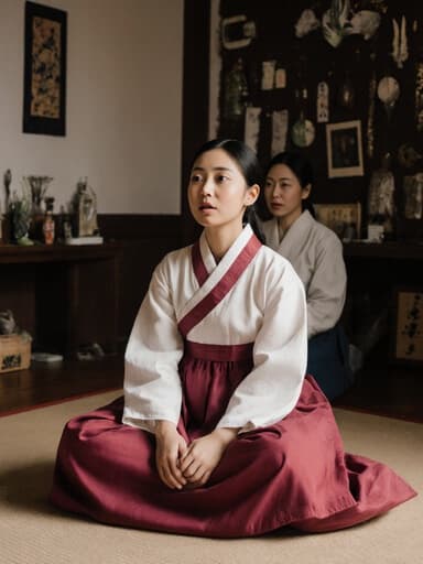 전통 한복을 입은 아시아계 소녀가 바닥에 앉아 무릎을 감싸며 놀란 표정을 지으며 전통 한의사와 대화하는 모습이 담긴 아늑한 상담실의 이미지.