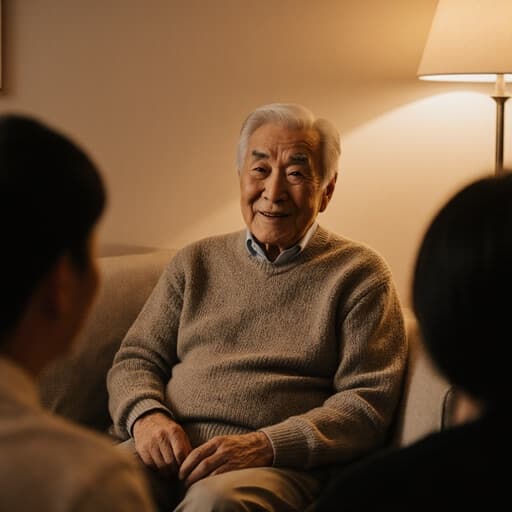 자연스럽고 온화한 외모의 80대 아시아계 남성이 편안한 니트 스웨터와 바지를 입고 소파에 앉아 있습니다. 그는 가족과의 따뜻한 대화에서 행복감을 느끼며 부드러운 미소를 짓고 있습니다. 아늑한 조명이 비추는 거실이 그 따뜻하고 사랑스러운 분위기를 더욱 잘 살려줍니다.