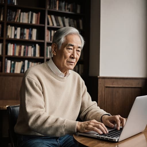 60대 한국인 남성이 편안한 스웨터와 청바지를 입고 조용한 카페에서 무표정으로 집중하는 모습의 반신 사진. 그는 노트북의 키보드를 가볍게 터치하며 생각에 잠겨 있고, 따뜻하고 아늑한 배경에는 책장이 있다.