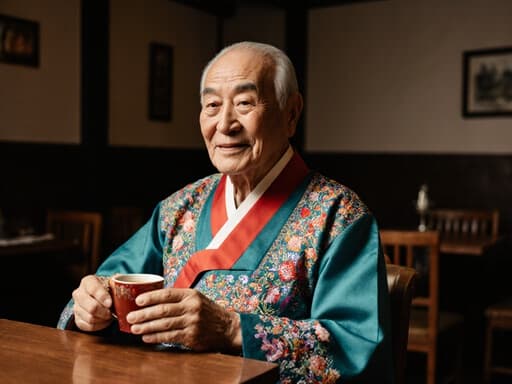 전통 한복을 입고 차를 마시는 차분한 80대의 동양인 남성이 아늑한 카페에서 여유로운 모습을 보여주며, 문화와 휴식의 완벽한 조화를 이루고 있습니다.