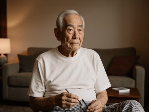 아늑한 거실에서 편안한 면 티셔츠와 체크무늬 바지를 입고 바느질 도구를 들고 무관심한 표정을 짓고 있는 80대 동양인 남성의 반신 사진. 전체적으로 편안한 분위기를 자아냅니다.