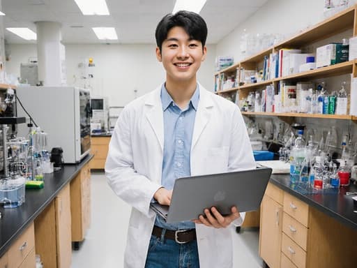 10대 초반의 동양인 남성이 실험실 코트를 입고 청바지와 스니커즈를 착용한 채로 노트북을 들고 걸어가며 연구 내용을 기록하는 모습이 반신 샷으로 포착되었습니다. 밝고 건강한 외모와 친근하고 호기심 어린 표정이 화학 장비와 책들로 가득한 연구실 속에서 과학적 발견의 흥미로움을 전달합니다.