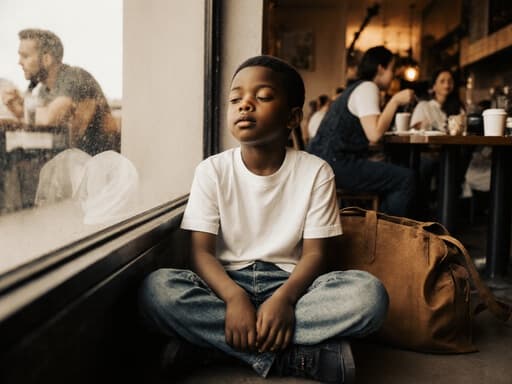 아늑한 카페에서 반신 샷으로 찍은 7세 흑인 남자 어린이가 크로스 레그로 앉아 있습니다. 그는 편안한 티셔츠와 청바지를 입고 졸린 표정을 지으며 창밖을 바라보고 있고, 옆에는 가방이 놓여 있어 따뜻하고 초대하는 분위기를 자아냅니다.
