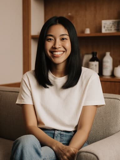 따뜻한 전통 한의학 진료실에 앉아 있는 10대 초반 흑인 소녀의 반신 사진. 그녀는 편안한 티셔츠와 청바지를 입고 있으며, 무릎에 손을 얹고 밝게 웃고 친근한 인상을 주고 있습니다. 편안한 자세로 따뜻한 분위기를 표현하고 있습니다.