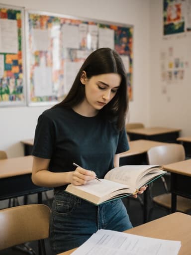 10대 후반의 유럽계 여성의 반신 사진이 담겨 있습니다. 그녀는 편안한 티셔츠와 청바지를 입고 있으며, 책을 읽으며 시험지를 검토하는 모습으로 차가운 표정을 짓고 있습니다. 교실 배경에는 정돈된 책상과 의자, 교육 자료가 벽에 걸려 있어 학구적이고 집중하는 분위기를 만들어냅니다.