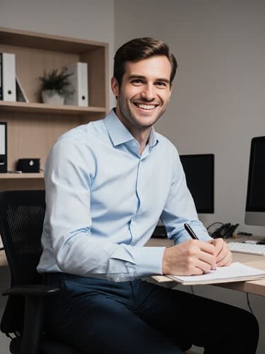 30대 유럽계 남성이 깔끔한 셔츠와 슬랙스를 입고 밝게 웃으며 노트에 집중하고 있는 반신 촬영 이미지. 배경은 책장과 컴퓨터가 있는 사무실 환경으로, 생기 있고 전문적인 분위기를 잘 나타냅니다.