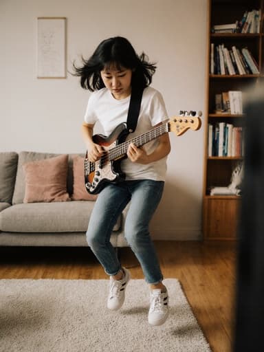 전체 몸을 담은 사진에서 10대 초반의 아시아계 소녀가 캐주얼한 티셔츠와 청바지, 스니커즈를 착용하고 즐겁게 악기를 연주하며 점프하는 모습이 담겨 있습니다. 배경에는 소파와 책장이 있는 아늑한 거실이 있어, 장난스럽고 창의적인 분위기를 반영하고 있습니다.