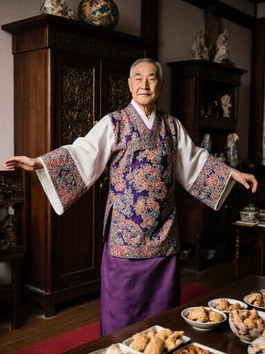 전통 한복을 입고 자연스럽게 춤추고 있는 70대 아시아계 남성의 평화로운 모습이 전통적인 한국식 거실에서 따뜻한 분위기를 연출합니다.
