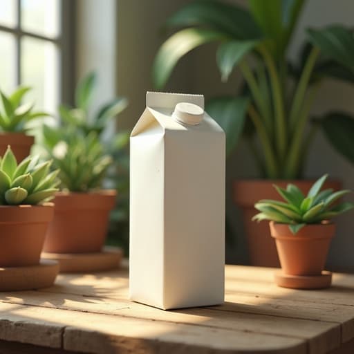 우유 팩, 도시의 옥상 정원에 화분과 녹지가 있는, 고요하고 초대하는 느낌, 신선한