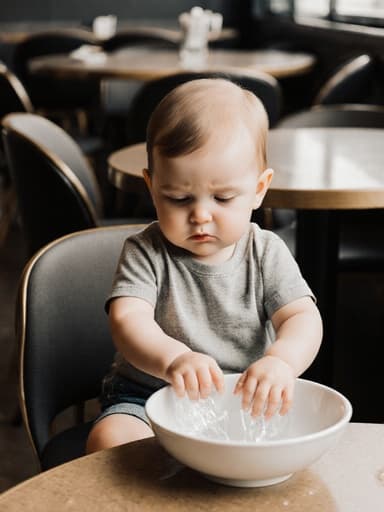 캐주얼한 티셔츠와 반바지를 입고 있는 1세 백인 남자 아기가 세련된 카페 내부에서 지루한 표정으로 손을 씻고 있는 전신 모습입니다. 아기는 물에 손을 담그고 약간 팔을 흔드는 듯한 장난스러운 행동을 하고 있습니다. 배경에는 테이블과 의자가 깔끔하게 배치된 현대적인 카페 내부가 있어 전체적인 편안한 분위기를 더하고 있습니다.