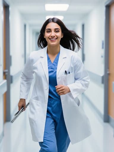 중동계 10대 후반 여성의 반신 사진으로, 의사 가운을 입고 의료 기구를 들고 밝은 병원 복도를 빠르게 달리는 모습이며, 활기차고 전문적인 느낌을 전달합니다.