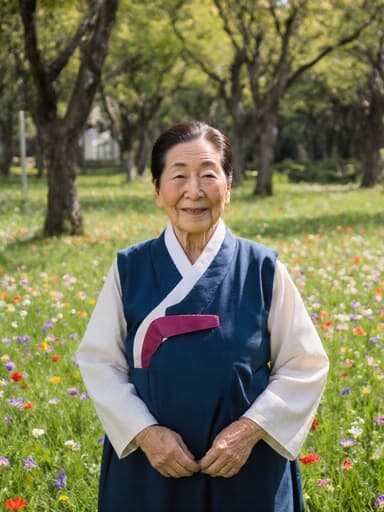 전통 한복을 입고 있는 70대 한국인 여성이 푸르고 꽃이 만발한 공원에서 평화롭게 달리고 있는 모습의 전신 사진, 편안함과 즐거움을 담고 있습니다.