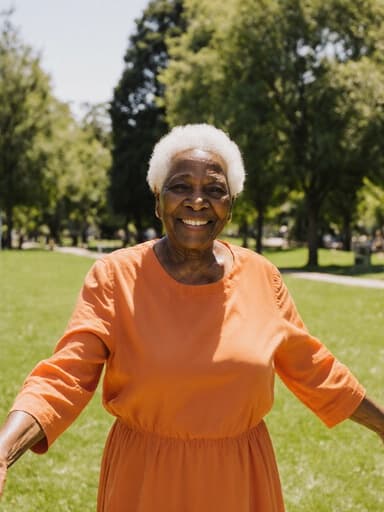 80대 아프리카계 여성의 전신 사진으로, 편안한 주황색 원피스를 입고 푸른 잔디와 나무가 있는 공원에서 따뜻한 미소를 지으며 양팔을 살짝 벌리고 있는 모습으로, 환영하고 즐거운 분위기를 연출합니다.