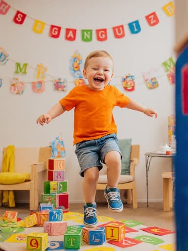 밝은 색상의 티셔츠와 반바지를 입고 알파벳 블록을 가지고 즐겁게 점프하며 노는 3살 백인 남성의 전신 사진. 아늑한 카페의 어린이 놀이 공간에는 다양한 알파벳 장식이 배치되어 있다.