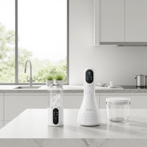 현대적인 주방에 새로운 라인의 세련된 주방 가전이 깔끔한 조리대 위에 전시되어 있습니다. 기기들은 미니멀한 미학으로 디자인되어 있으며, 다기능성을 강조합니다. 밝고 통풍이 잘 되는 주방 배경이 초대하는 분위기를 더해주어 요리 창의력을 발휘하기에 완벽한 환경을 제공합니다.