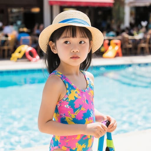 귀여운 7세 동양인 소녀가 화려한 여름 수영복과 썬햇을 착용하고 수영장 옆 카페 테라스에 서서 지루한 표정으로 주변을 바라보며 수영 기구를 들고 있습니다. 장면은 생생한 물놀이 장비로 가득 차 여름의 즐거움을 담고 있습니다.