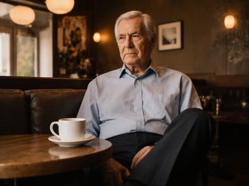 60대 혼혈 남성이 편안한 셔츠와 슬랙스를 착용하고 아늑한 카페에서 다리를 뻗고 앉아 커피잔을 바라보며 무관심한 표정을 짓고 있는 반신 사진. 이 장면은 편안한 분위기를 만들어냅니다.
