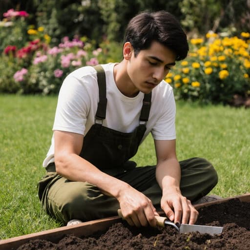20대의 라틴계 남성이 편안한 티셔츠와 작업용 바지를 입고 푸른 정원 바닥에 앉아 있습니다. 그는 정원 가꾸기 도구를 들고 있으며, 식물을 돌보며 흙을 만지는 모습에서 고민하는 표정을 짓고 있습니다. 배경은 푸른 잔디와 꽃이 피어있는 모습으로, 평화롭고 매력적인 분위기를 연출합니다.
