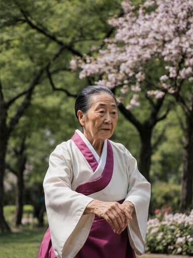 전통 한복을 입고 있는 70대 한국인 여성의 전신 샷. 그녀는 팔을 살짝 올린 춤추는 자세로, 피곤한 표정이지만 진지한 감정을 드러내고 있다. 아름다운 나무와 화려한 꽃들로 가득한 평화로운 공원에서 촬영된 이 장면은 한복의 아름다움과 문화적 의미를 강조한다.