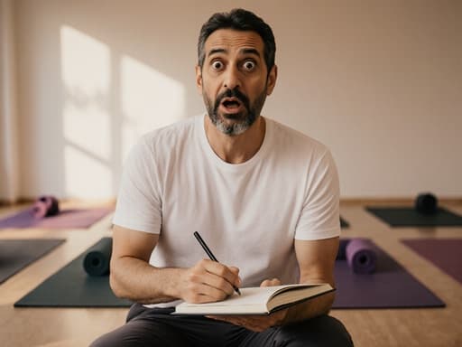 이미지에는 40대 중동계 남성이 편안한 요가복을 입고 놀란 표정으로 노트에 빠르게 필기하는 모습이 담겨 있습니다. 배경은 부드러운 조명이 비추는 평화로운 요가 센터로, 장면의 전체적인 차분한 분위기를 강조합니다.