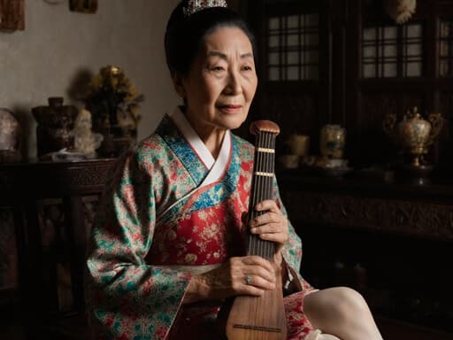 70대 한국인 여성이 전통 한복을 입고 고풍스러운 한국 가옥의 거실에 앉아 있는 반신 촬영. 그녀의 표정은 외로움을 반영하며, 손에는 악기를 쥐고 있어 전통적인 문화적 분위기를 더하고 있습니다.