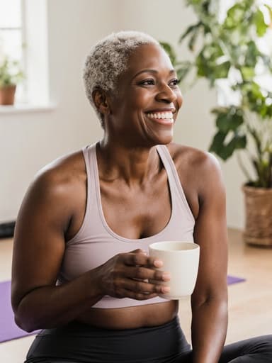 40대 아프리카계 여성의 활기찬 모습이 담긴 반신 사진으로, 편안한 요가 복을 착용하고 커피 컵을 들고 여유롭게 미소를 짓고 있습니다. 그녀는 식물과 자연광이 가득한 밝고 아늑한 요가 스튜디오에 앉아 기분 좋은 분위기를 자아내고 있습니다.