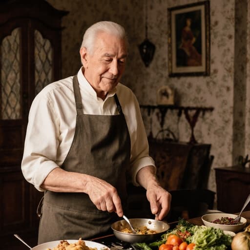 전통적인 앞치마를 착용하고 조리 도구를 들고 있는 70대의 평온한 백인 남성의 반신 촬영. 그는 아늑한 거실에 서 있으며, 전통적인 장식과 식탁 위의 다양한 재료들로 둘러싸여 요리에 대한 즐거움과 따뜻함을 전달합니다.