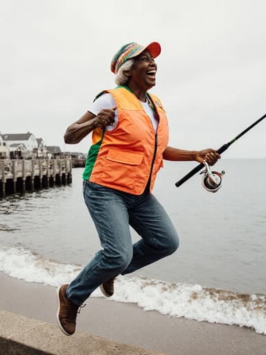 활기찬 아프리카계 여성(60대)이 밝은 어부 스타일의 의상을 입고 어부 도구를 들고 점프하는 모습을 담은 이미지. 어촌 마을의 수변 공원에서 바다가 보이는 아름다운 배경.