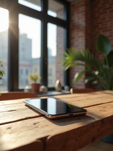 스마트폰, 노출 벽돌 벽과 현대적 장식이 있는 로프트 스타일 아파트, 밝고 통풍이 잘 되는 현대적 분위기