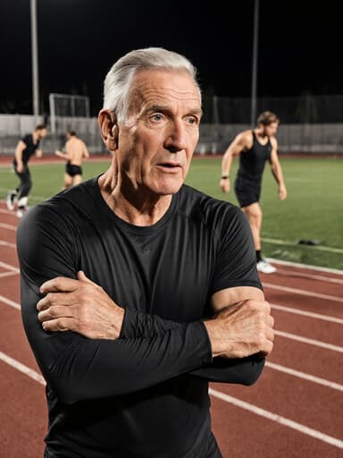 50대 유럽계 남성이 운동복을 입고 소매를 조정하고 있는 모습의 반신 사진으로, 놀라운 기대감이 가득한 표정을 지으며, 배경에는 다른 선수들이 훈련 중인 활기찬 운동장이 펼쳐져 있습니다.