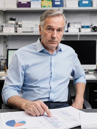 50대 유럽계 남성이 짧은 머리와 약간의 주름을 가진 자연스러운 외모로, 깔끔한 셔츠와 편안한 바지를 입고 실험실의 데이터 분석 공간에 앉아 있습니다. 그는 지루한 표정을 지으며 책상 위의 데이터를 바라보고 있으며, 한쪽 팔은 책상에 기대고 다른 손은 데이터 파일을 가리키고 있습니다. 컴퓨터와 연구 자료들로 정리된 전문적인 분위기를 연출하고 있습니다.