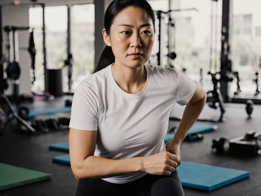 30대 동양인 여성이 편안한 운동복을 입고 한 손으로 허리를 잡고 서 있는 모습으로, 집중한 표정을 짓고 있는 반신 사진입니다. 그녀 주위에는 운동 기구와 매트가 배치된 훈련 공간이 있습니다.