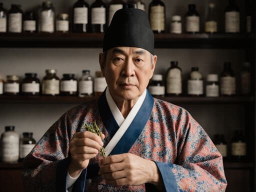 고운 색상의 전통 한복을 입은 60대 한국인 남성이 한 손에 약재를 들고 깊은 생각에 잠긴 표정으로 요리하는 듯한 자세를 취하고 있는 반신 사진, 전통적인 진료실 환경에서 약재들로 가득한 선반이 배경을 이루고 있습니다.