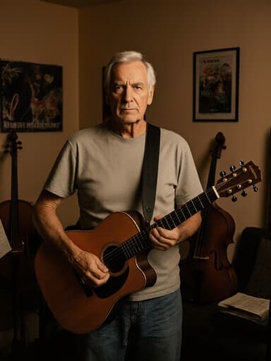 60대 유럽계 남성이 자연스러운 외모로 아늑한 거실에서 음악 공연을 위해 서 있는 전신 사진입니다. 그는 편안한 티셔츠와 청바지를 착용하고 있으며, 악기를 들고 지루한 표정을 짓고 있습니다. 벽에는 음악 관련 포스터와 다양한 악기들이 장식되어 있어 따뜻한 조명 속에서 초대하는 분위기를 만들어냅니다.