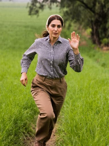 30대 중동계 여성이 체크 무늬 셔츠와 작업용 바지를 입고, 푸른 잔디와 나무들이 있는 농장 배경에서 활동적으로 손을 흔들며 달리는 모습의 전신 샷. 자신감과 우아함이 느껴지는 이미지입니다.