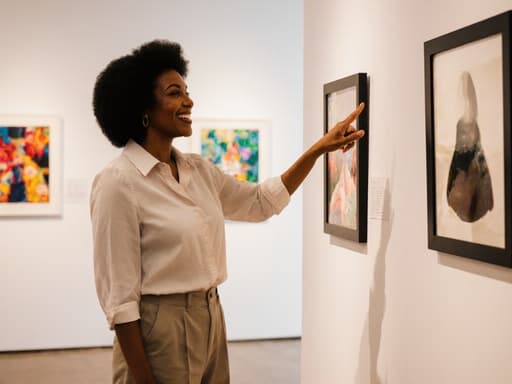 40대 아프리카계 여성의 반신 샷으로, 모던한 블라우스와 편안한 팬츠를 착용하고, 긍정적인 미소를 지으며 아름다운 작품들이 전시된 갤러리에서 사진을 가리키고 있습니다.